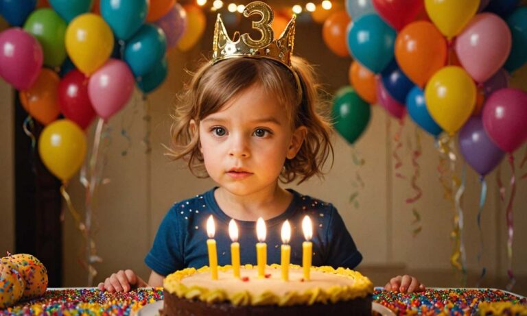 Un bambino di tre anni festeggia il compleanno in un ambiente decorato.