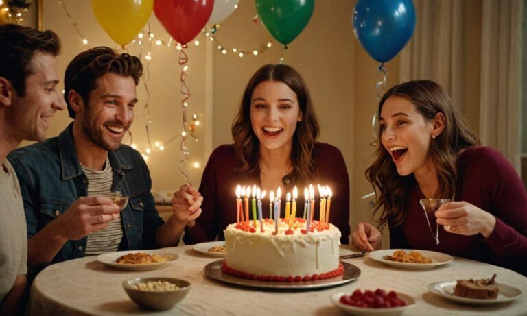 Una realistica festa di compleanno con amici che ridono mentre uno cerca di spegnere le candeline su una grande torta, con palloncini colorati e coriandoli sullo sfondo. La scena cattura la gioia genuina e la sorpresa giocosa.